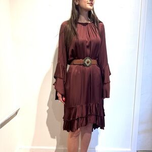 Elegant Brown Ruffle Silk Dress